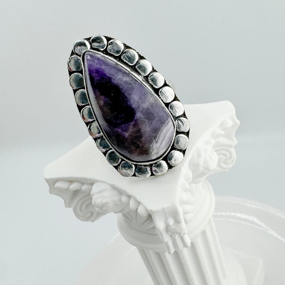 Vintage Amethyst Teardrop Cabochon Ring Sterling Silver Chunky Glam Bling Boho - Picture 5 of 7